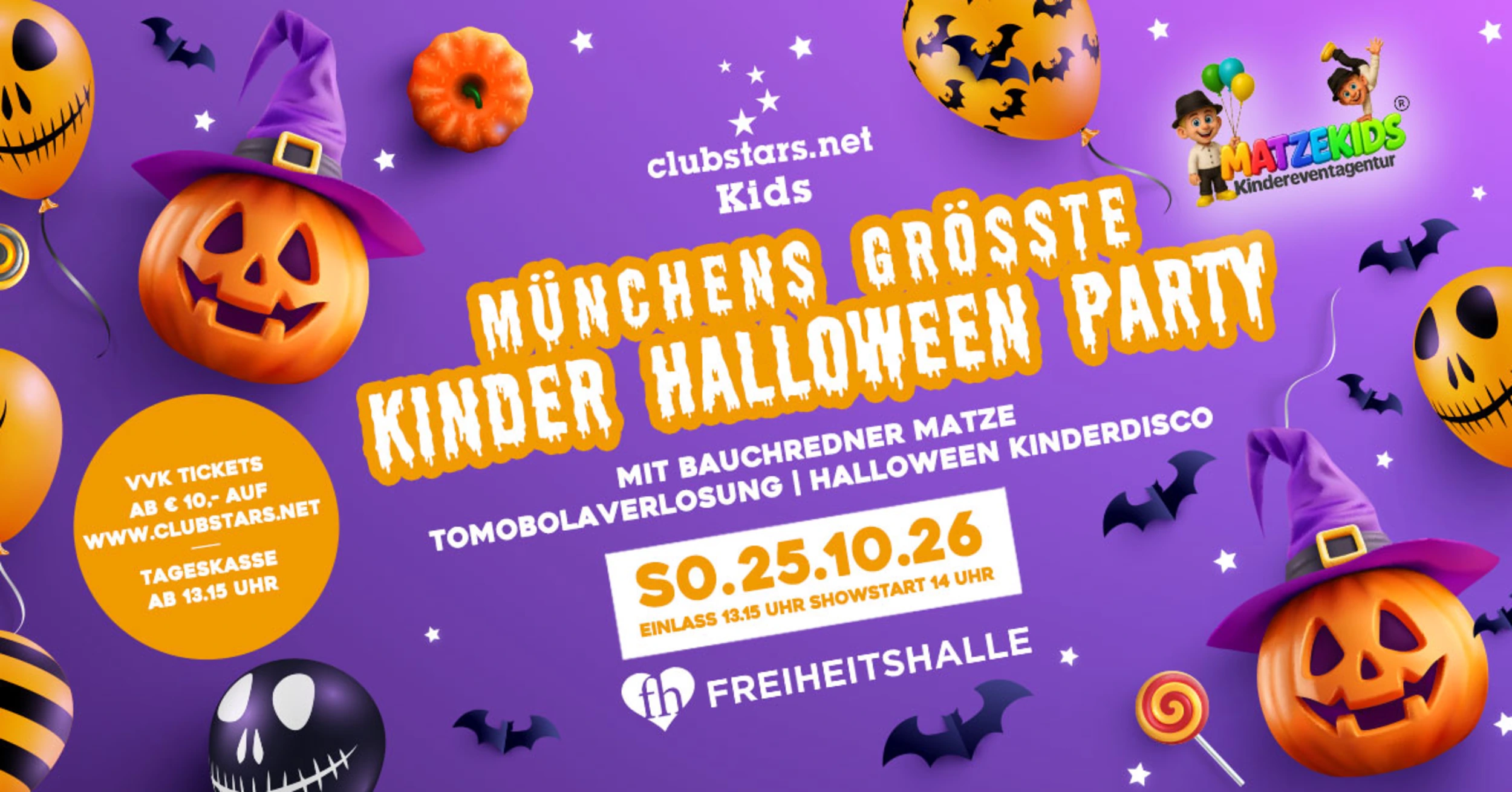 Originalbanner: Münchens größte Kinder-Halloween-Party am Sonntag, 25.10.2026 in der Freiheitshalle München