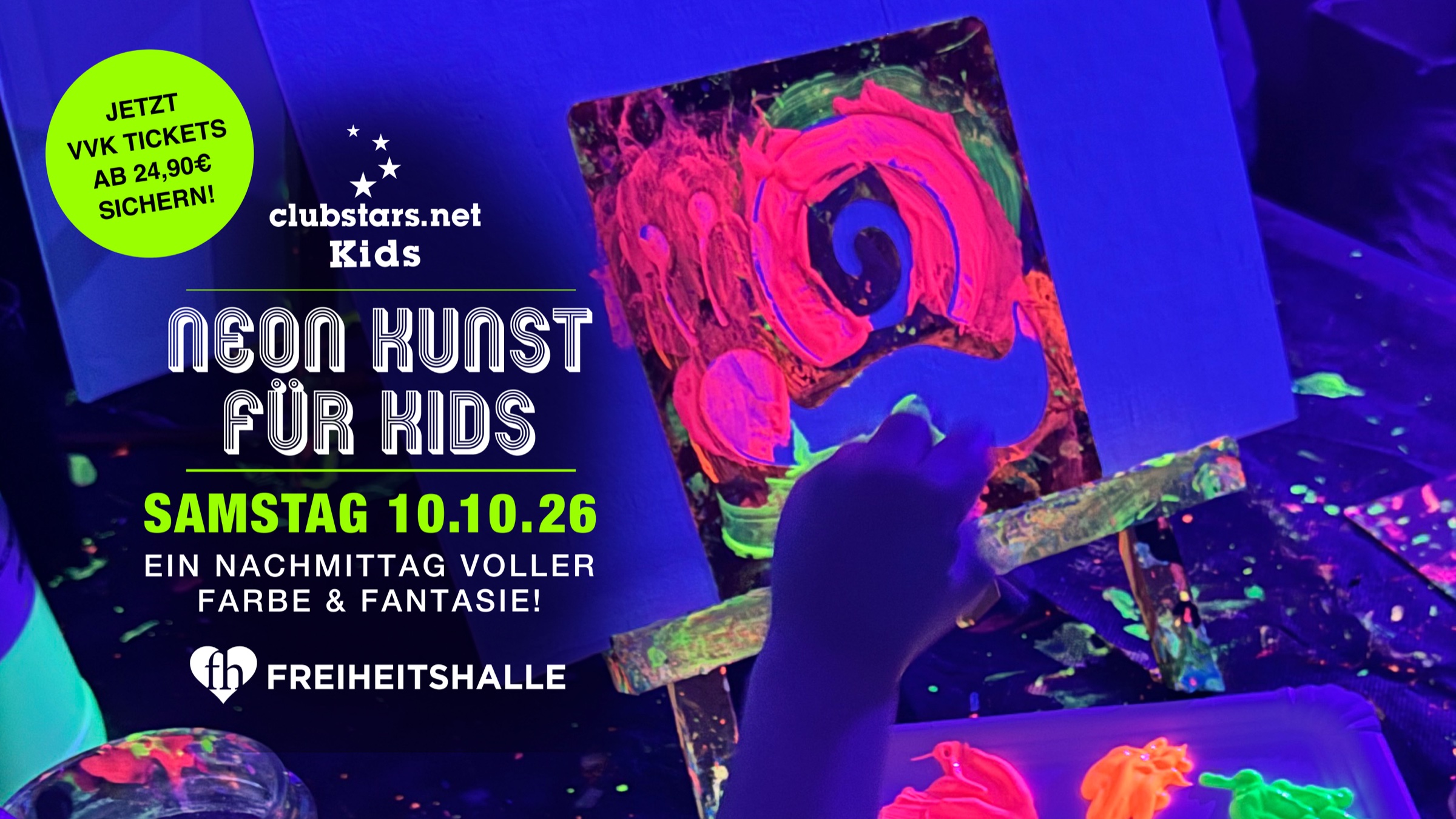 Neon Kunst für Kids: Original-Werbemotiv für Samstag, 10.10.2026 in der Freiheitshalle. Tickets ab 24,90 Euro.